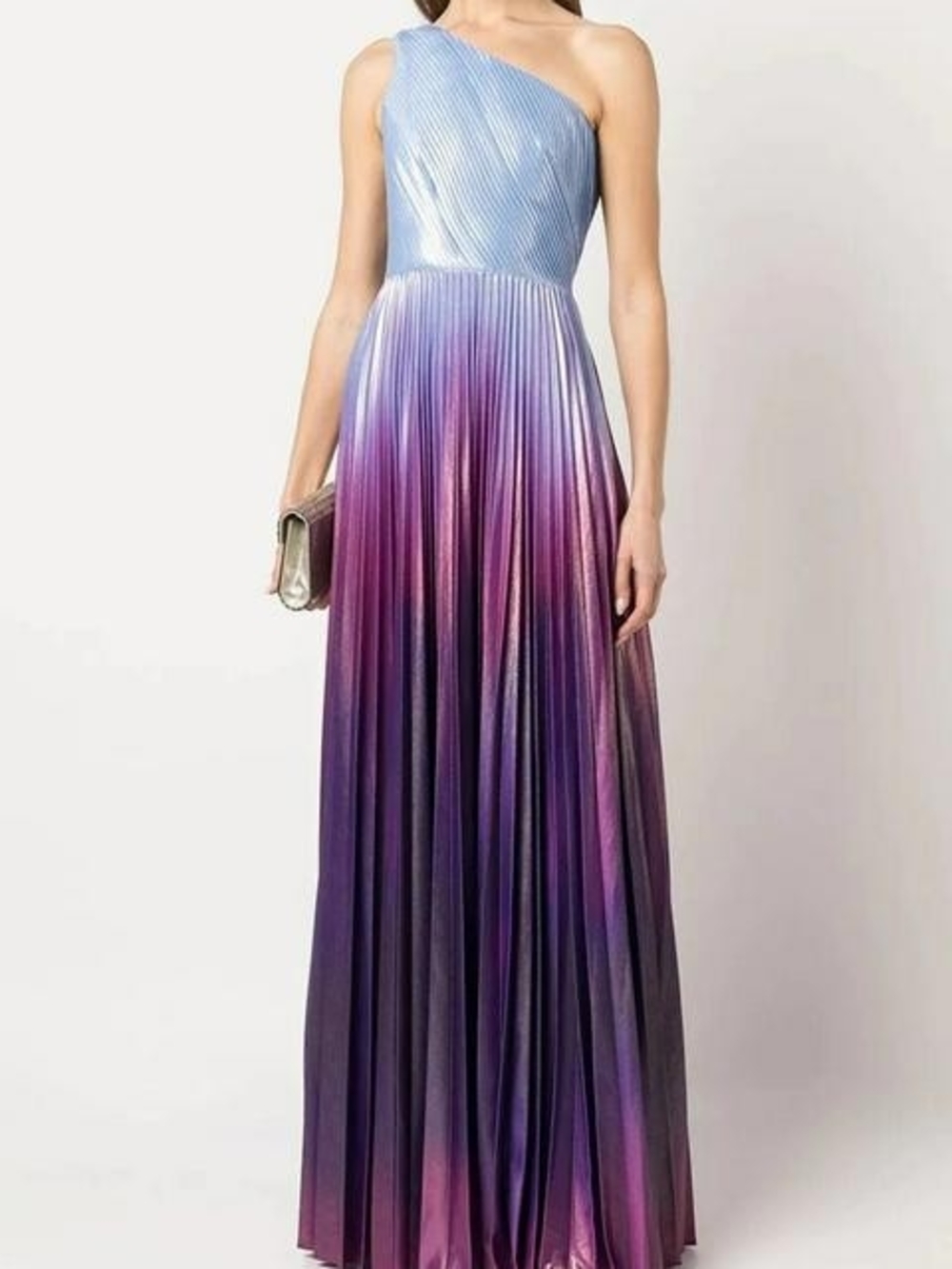 One-Shoulder Ombre Pleated Evening Gown in Blue and Purple